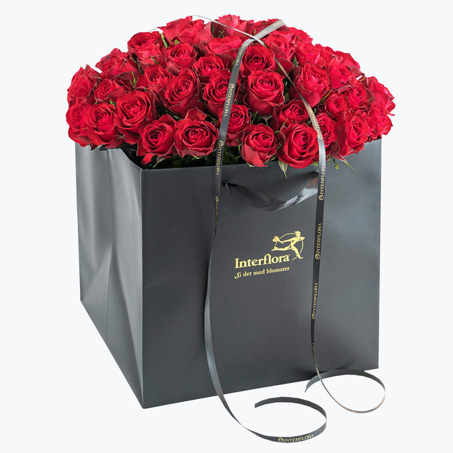 60 røde roser i gavepose